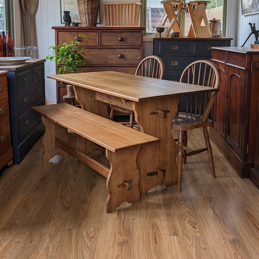 Oak Farmhouse Table, Bench and Two Chairs