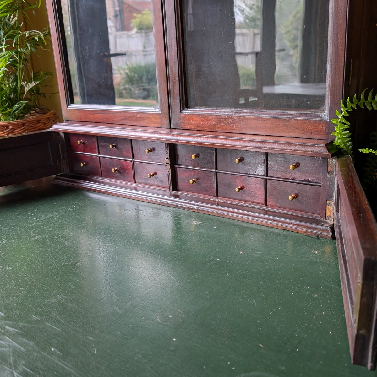 Antique Tabletop Glass Display Cabinet with 12 Miniature Drawers
