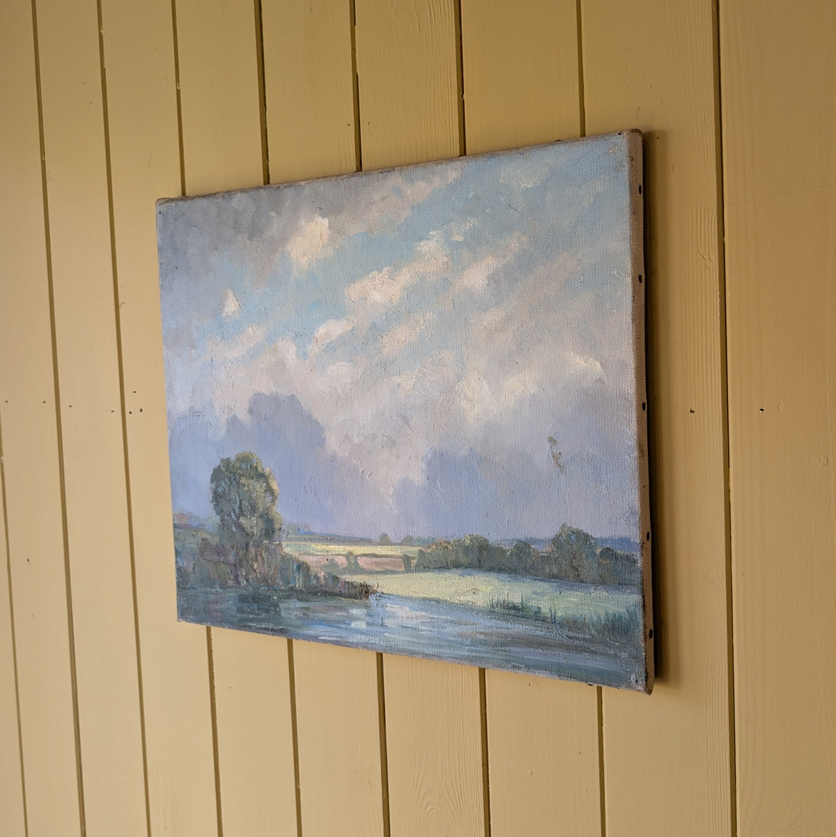 Antique Oil Painting "Clouds over the River Meadow"