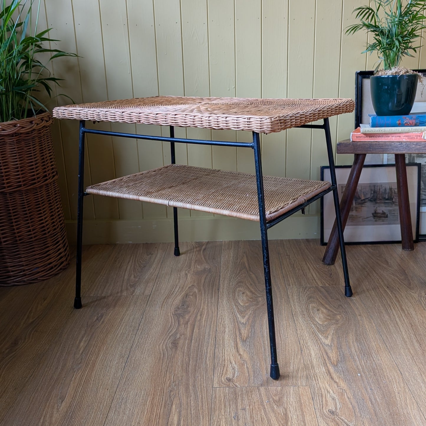 Mid Century Steel and Rattan Side Table
