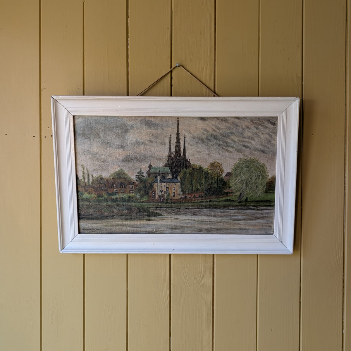 Small Vintage Oil Painting "Lichfield Cathedral Across Minster Pool"