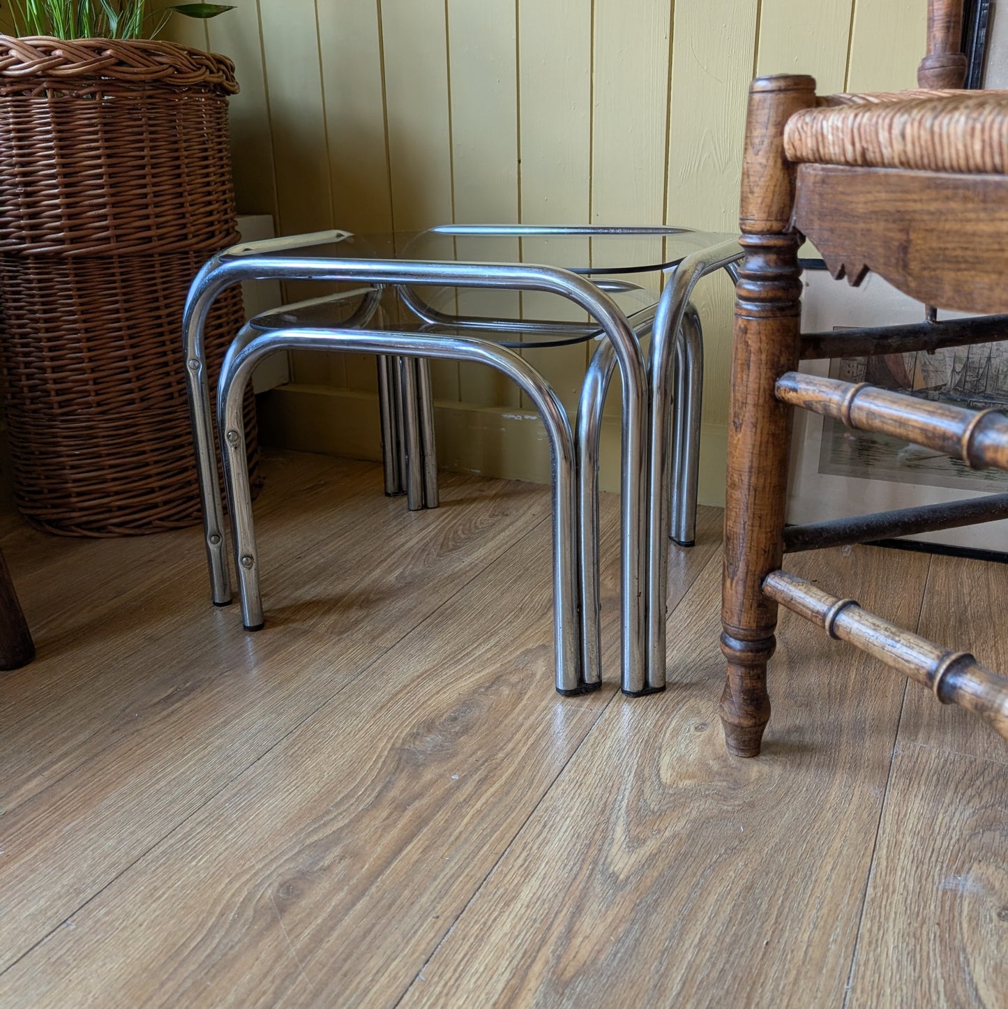 Mid Century Tubular Chrome and Glass Nesting Tables