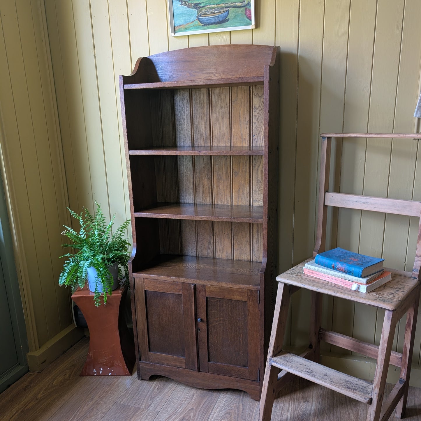 Narrow Antique Oak Bookcase with Bookcase.