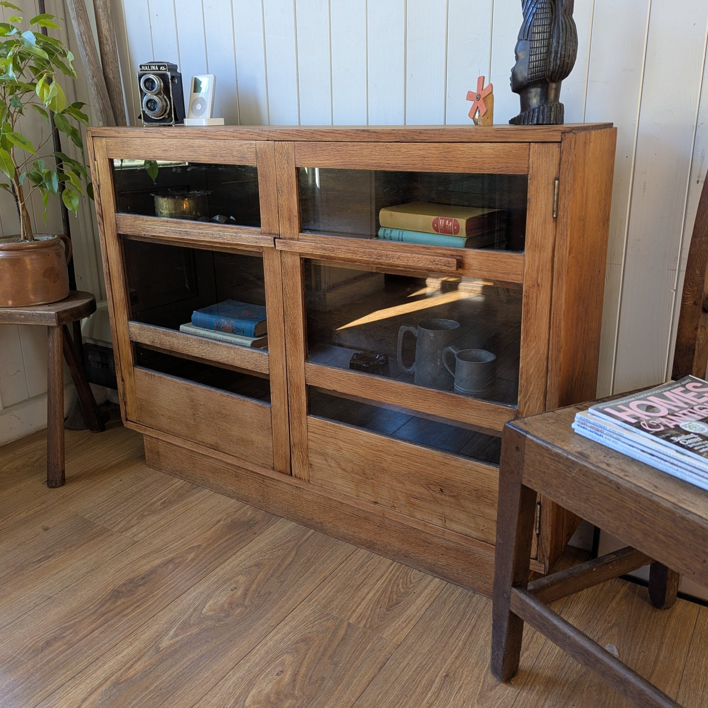 1950s Small Glazed Oak Bookcase