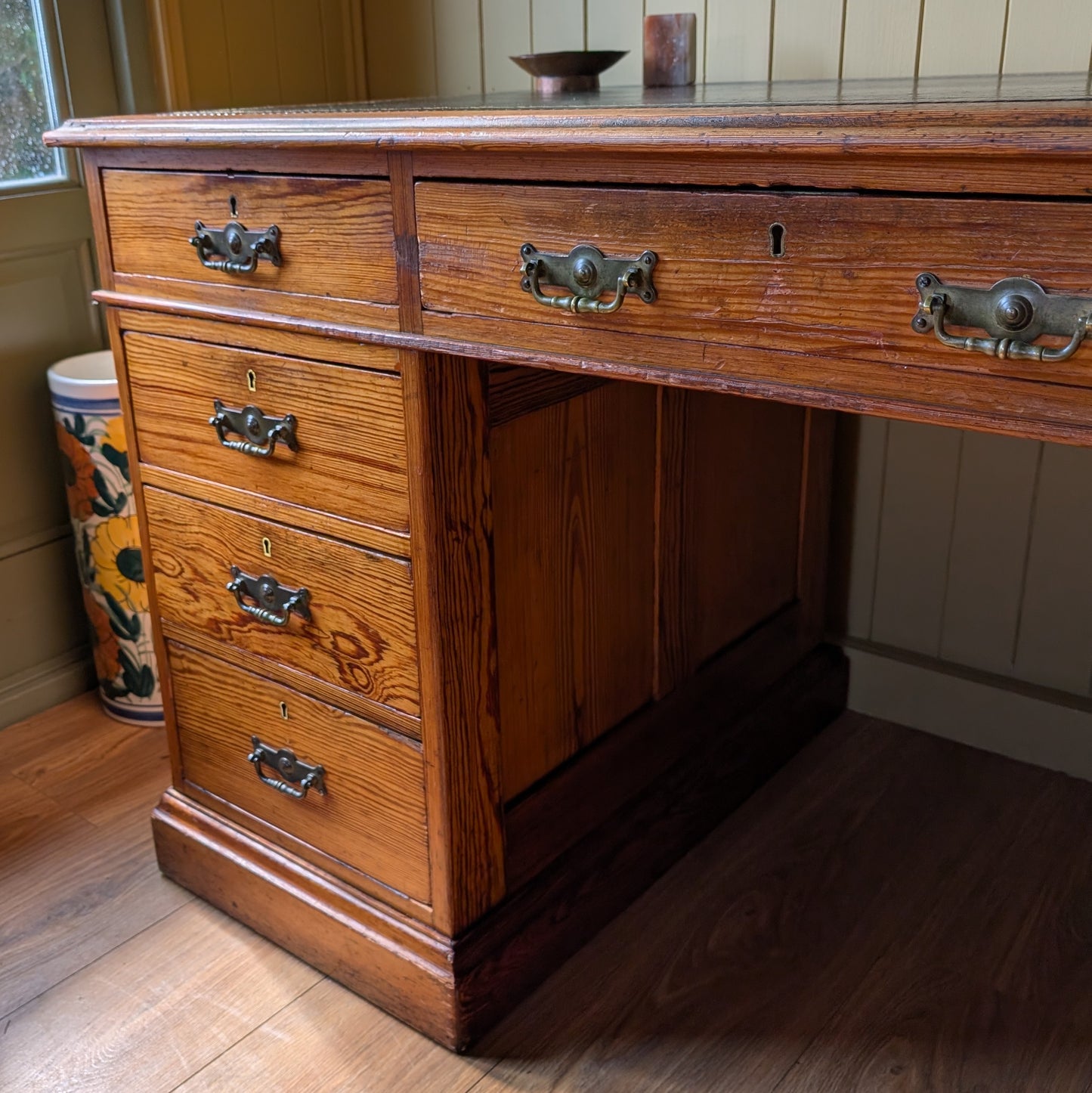 Antique Victorian Pitch Pine Twin Pedestal Desk with Leather Top