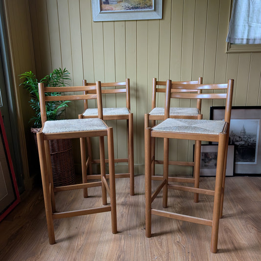 Vintage Mid-Century Wooden Bar Stools with Woven Rush Seats
