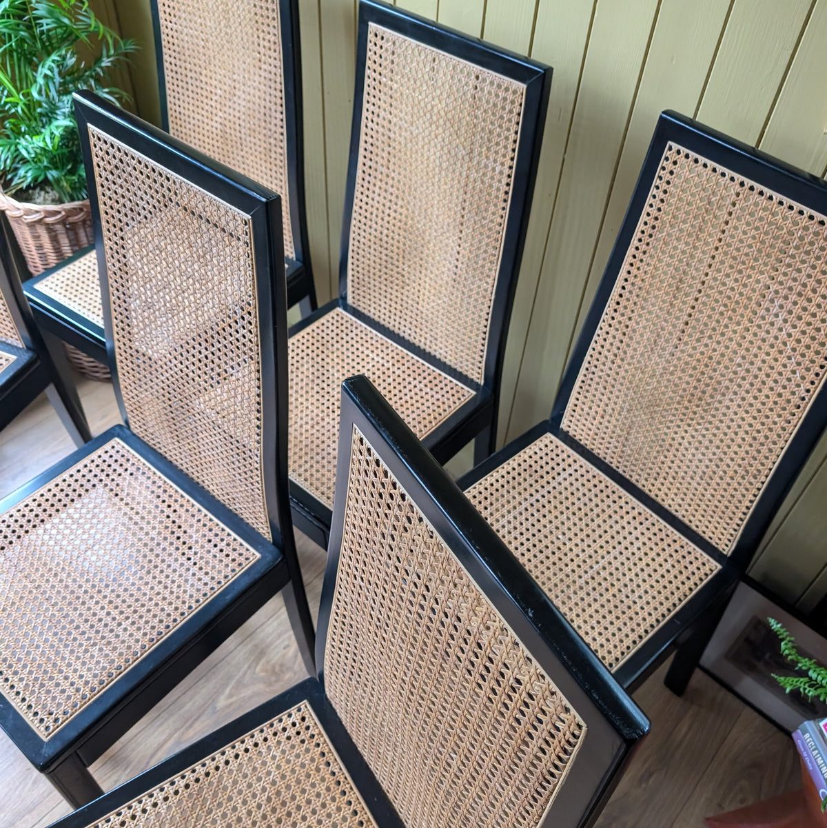 Tito Agnoli Style Vintage Black & Cane Dining Chairs - Set of 6