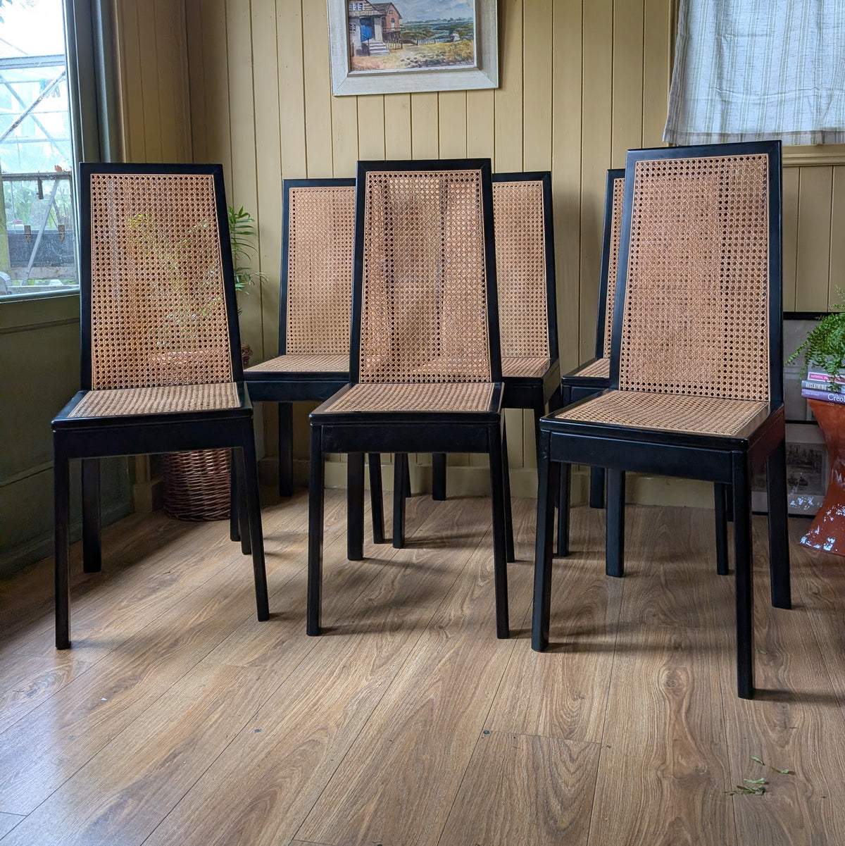 Tito Agnoli Style Vintage Black & Cane Dining Chairs - Set of 6