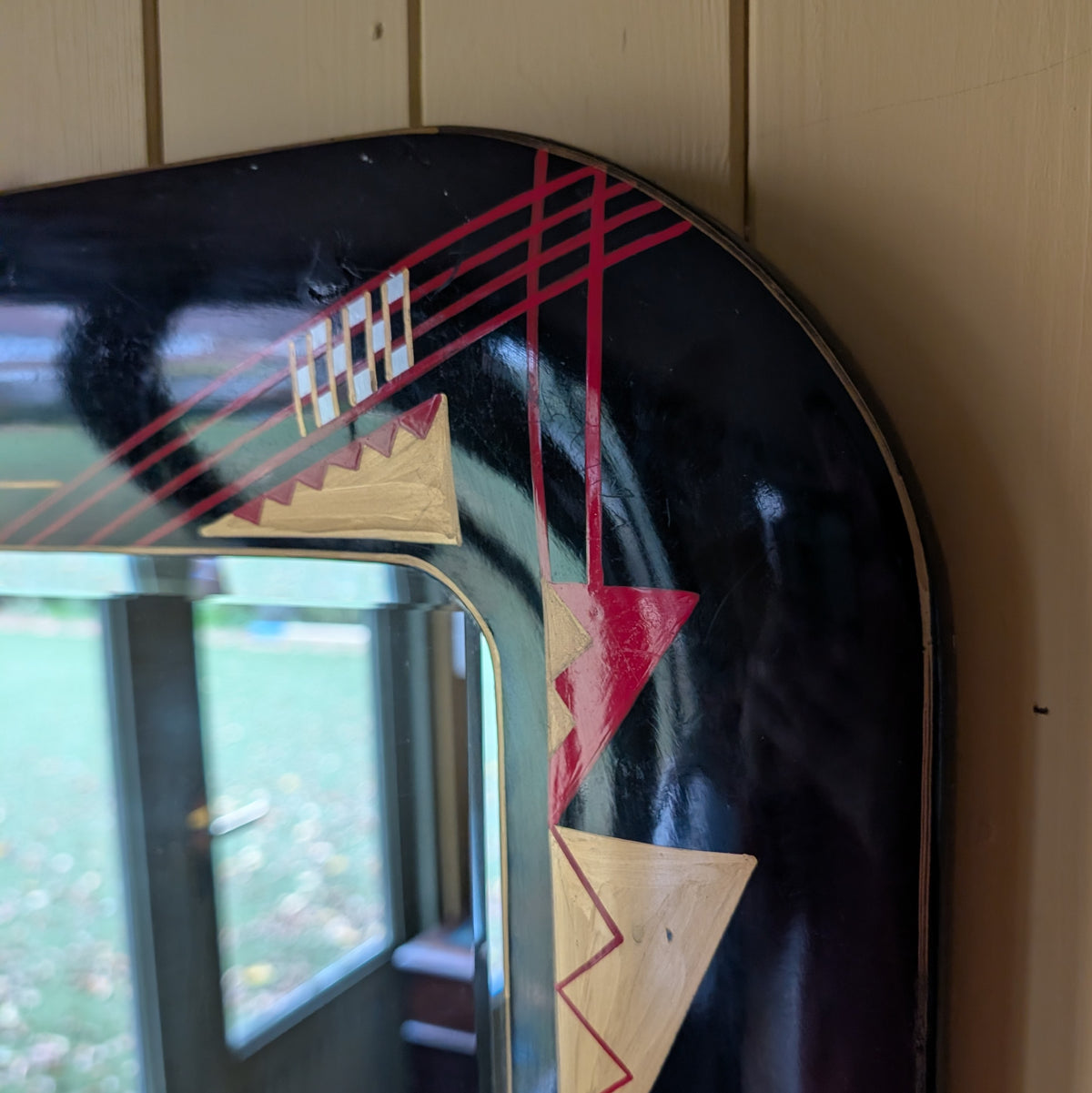 1980s Geometric Black Lacquer Wall Mirror