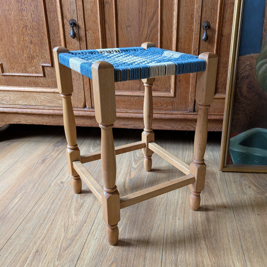 Vintage Wooden Footstool with Woven Cord Seat