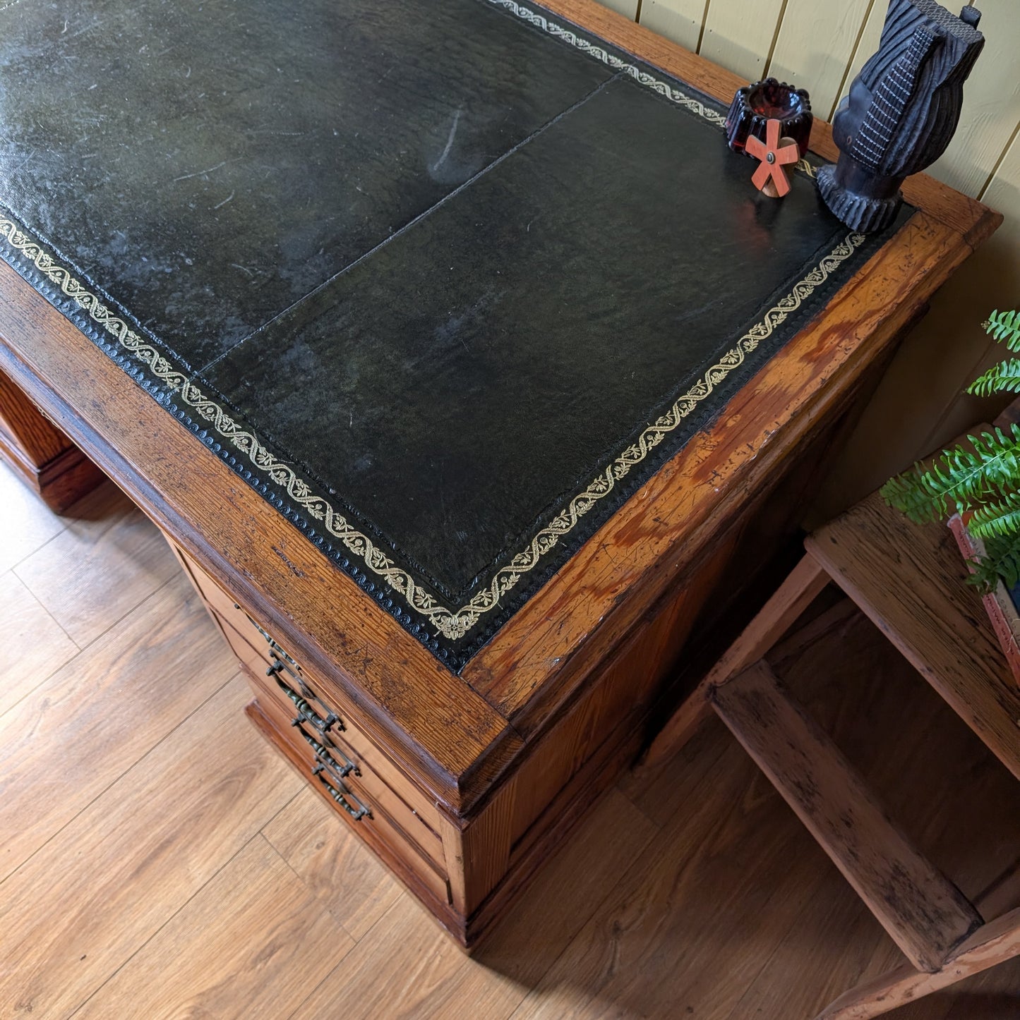 Antique Victorian Pitch Pine Twin Pedestal Desk with Leather Top