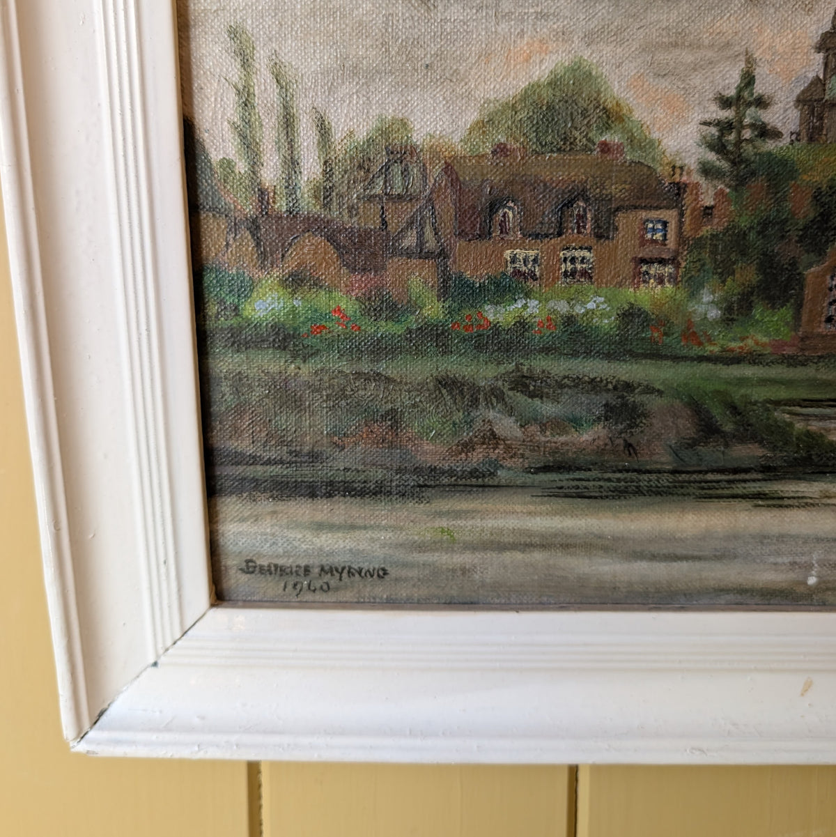 Small Vintage Oil Painting "Lichfield Cathedral Across Minster Pool"