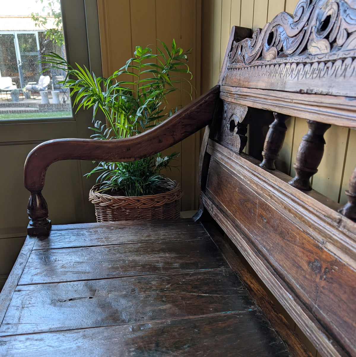 Vintage Carved Architectural Wooden Bench with Plank Seat