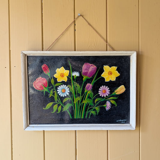 Small 1960s Oil Painting "Bouquet on Black"