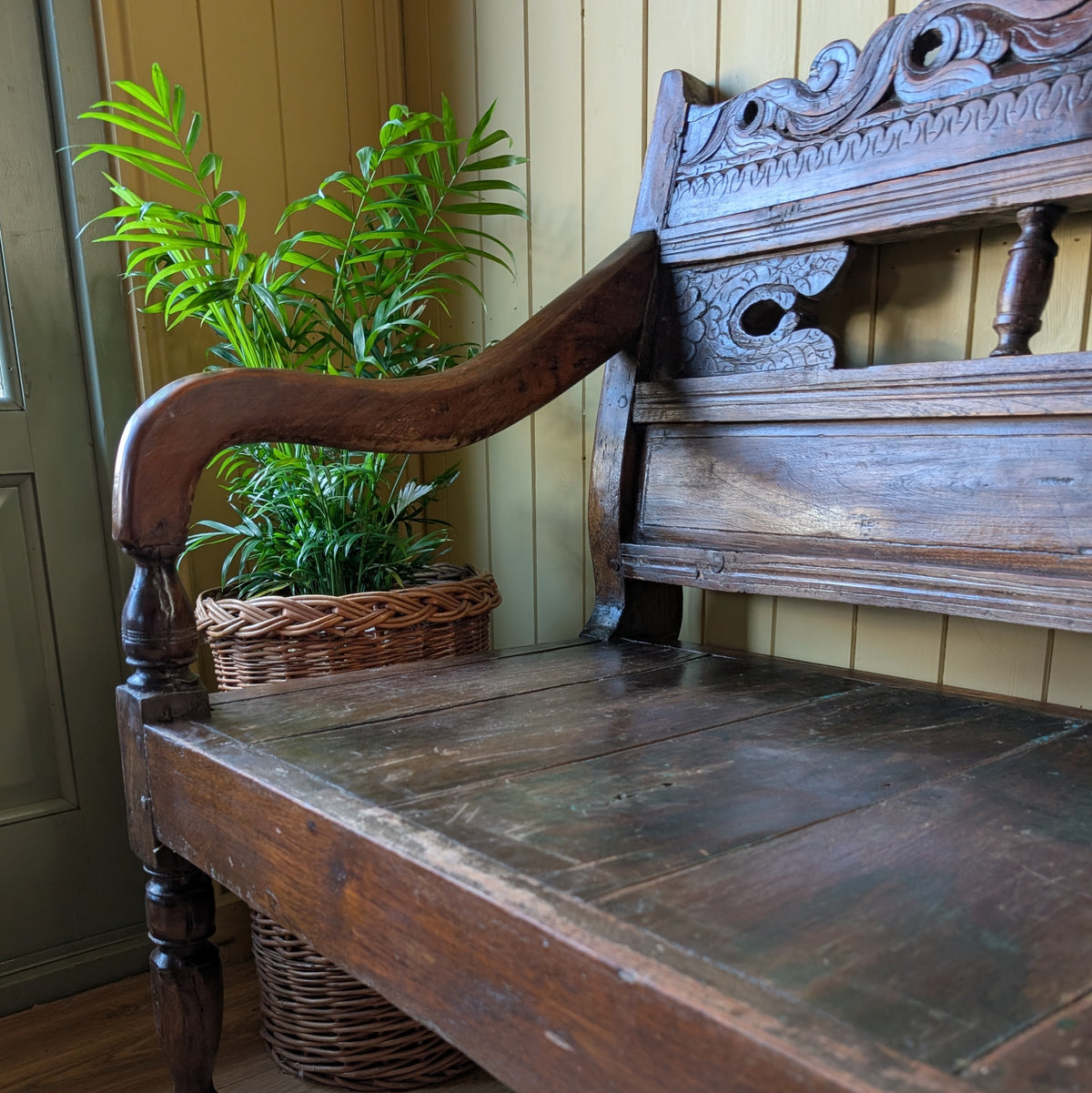 Vintage Carved Architectural Wooden Bench with Plank Seat