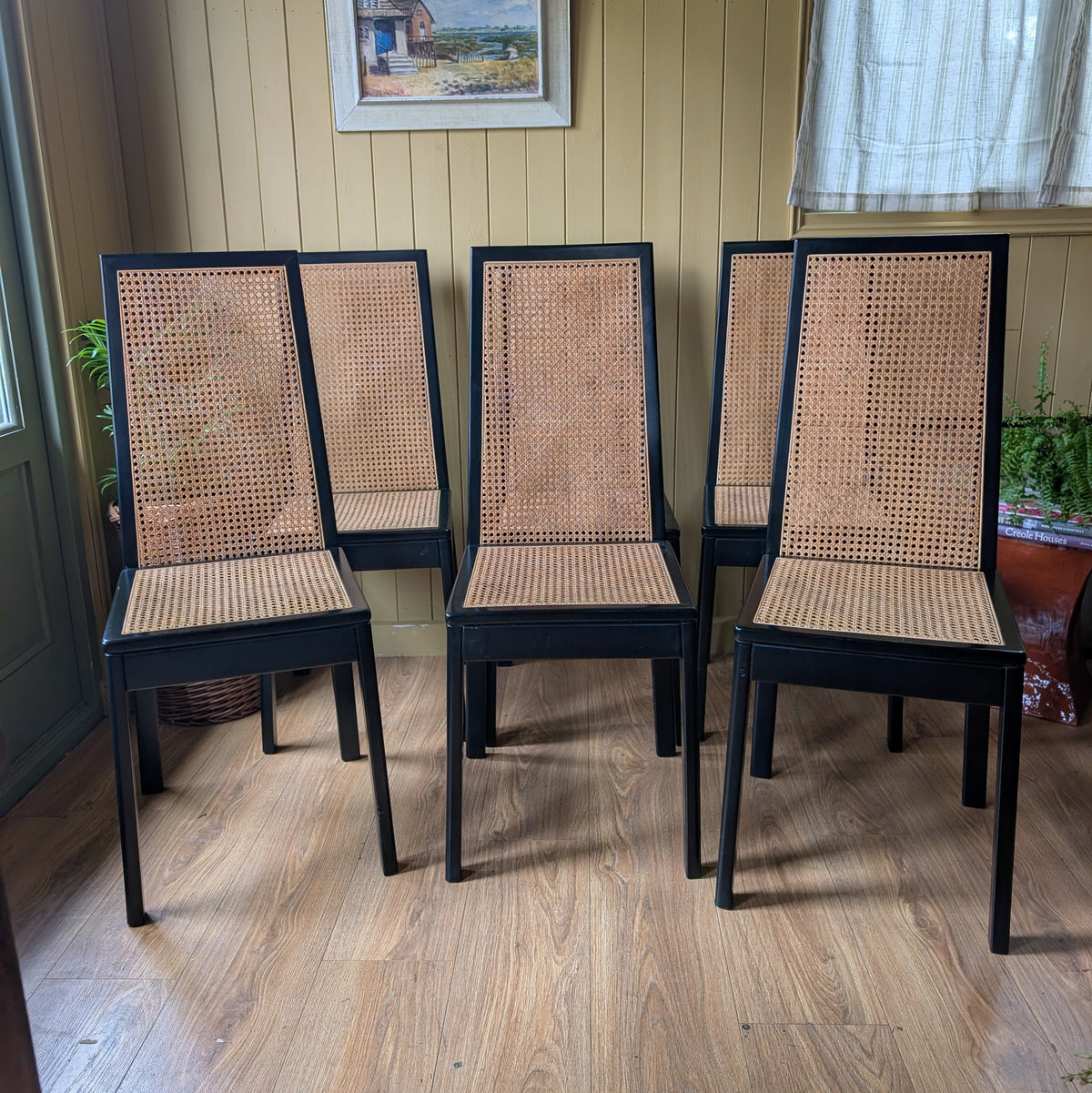 Tito Agnoli Style Vintage Black & Cane Dining Chairs - Set of 6