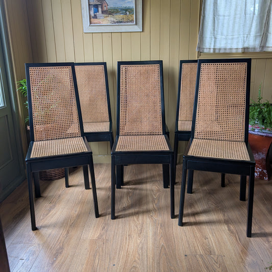 Tito Agnoli Style Vintage Black & Cane Dining Chairs - Set of 6