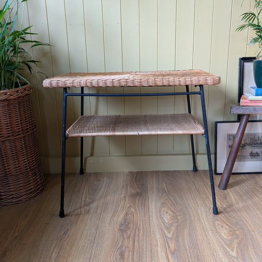 Mid Century Steel and Rattan Side Table