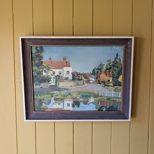 Vintage Oil Painting "Village Reflections"