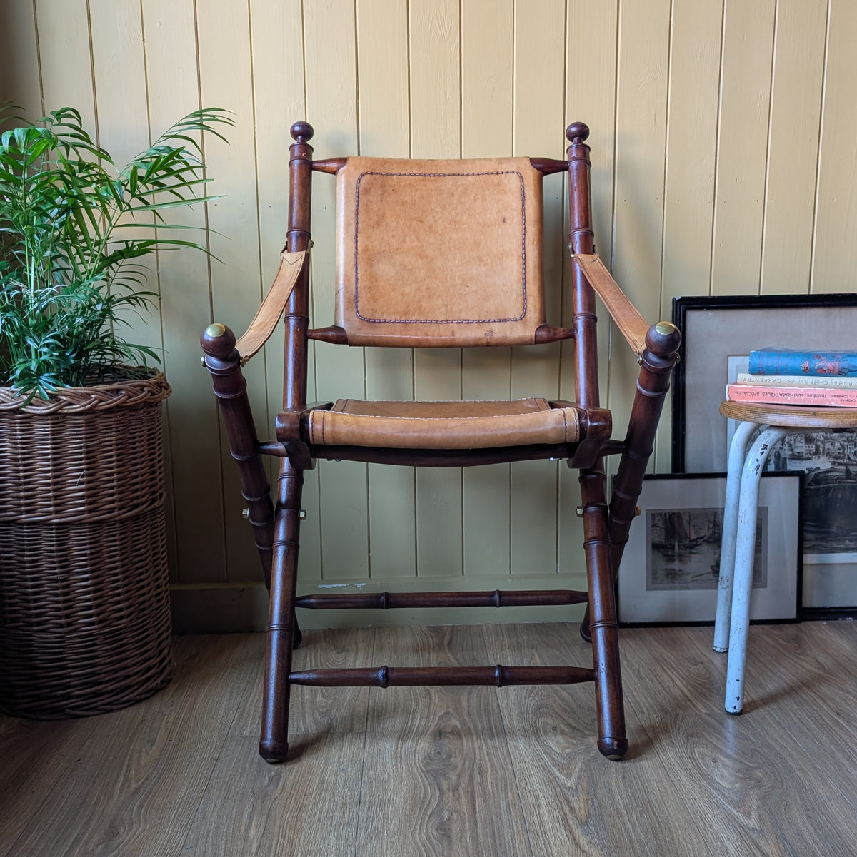 Vintage Faux Bamboo Leather Safari Chair