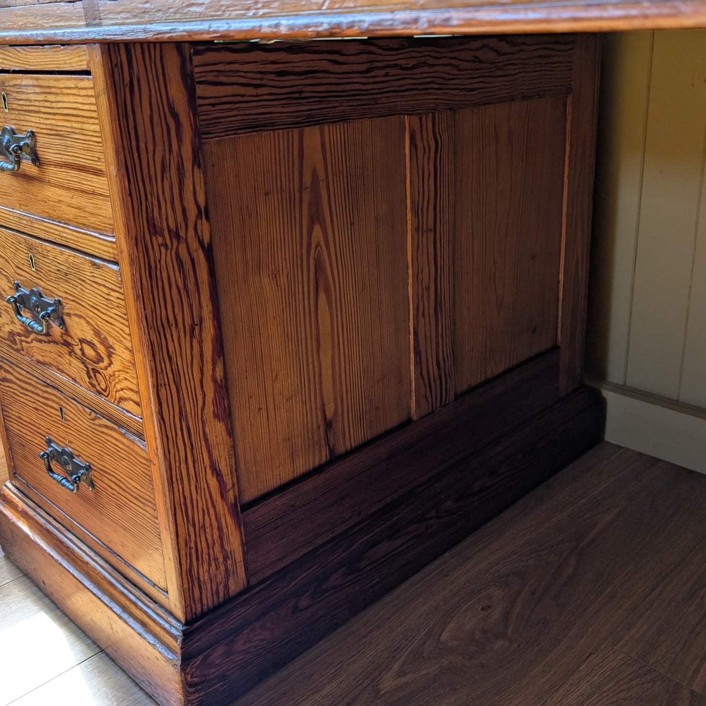 Antique Victorian Pitch Pine Twin Pedestal Desk with Leather Top