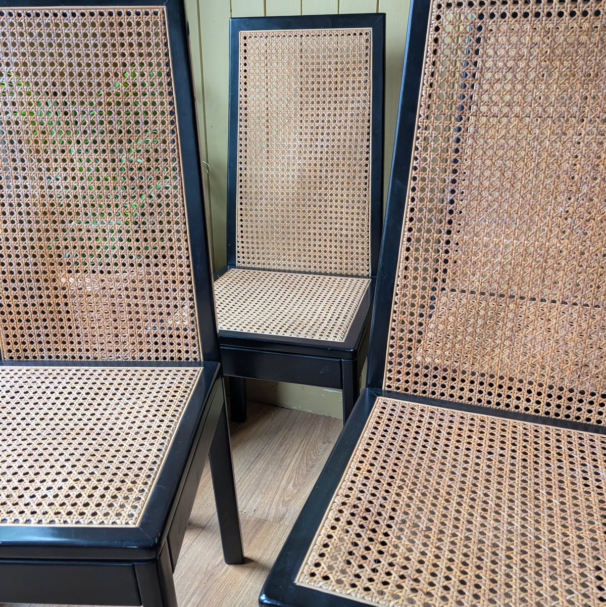 Tito Agnoli Style Vintage Black & Cane Dining Chairs - Set of 6