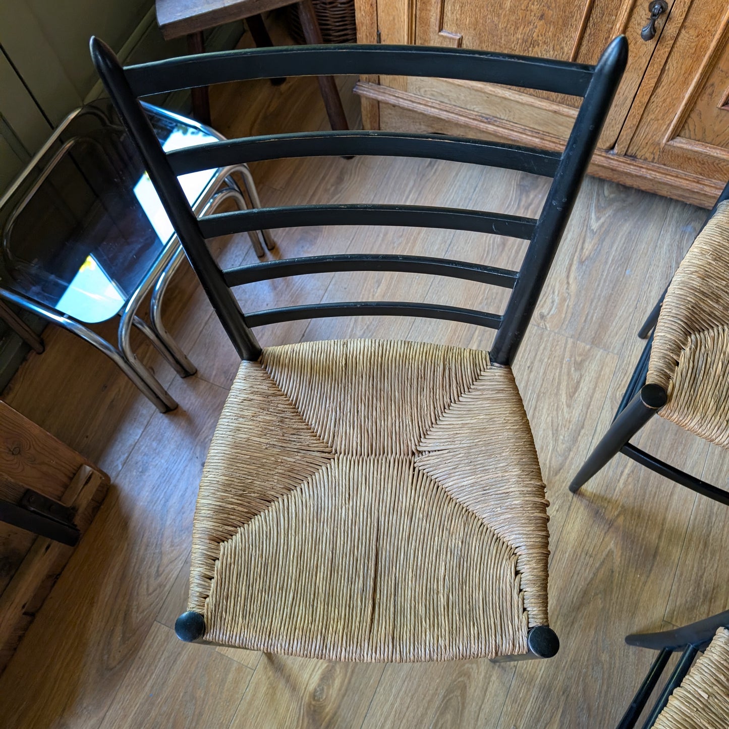 Set of 6 Italian Mid-Century Modern Ladder-Back Chairs with Rush Seats