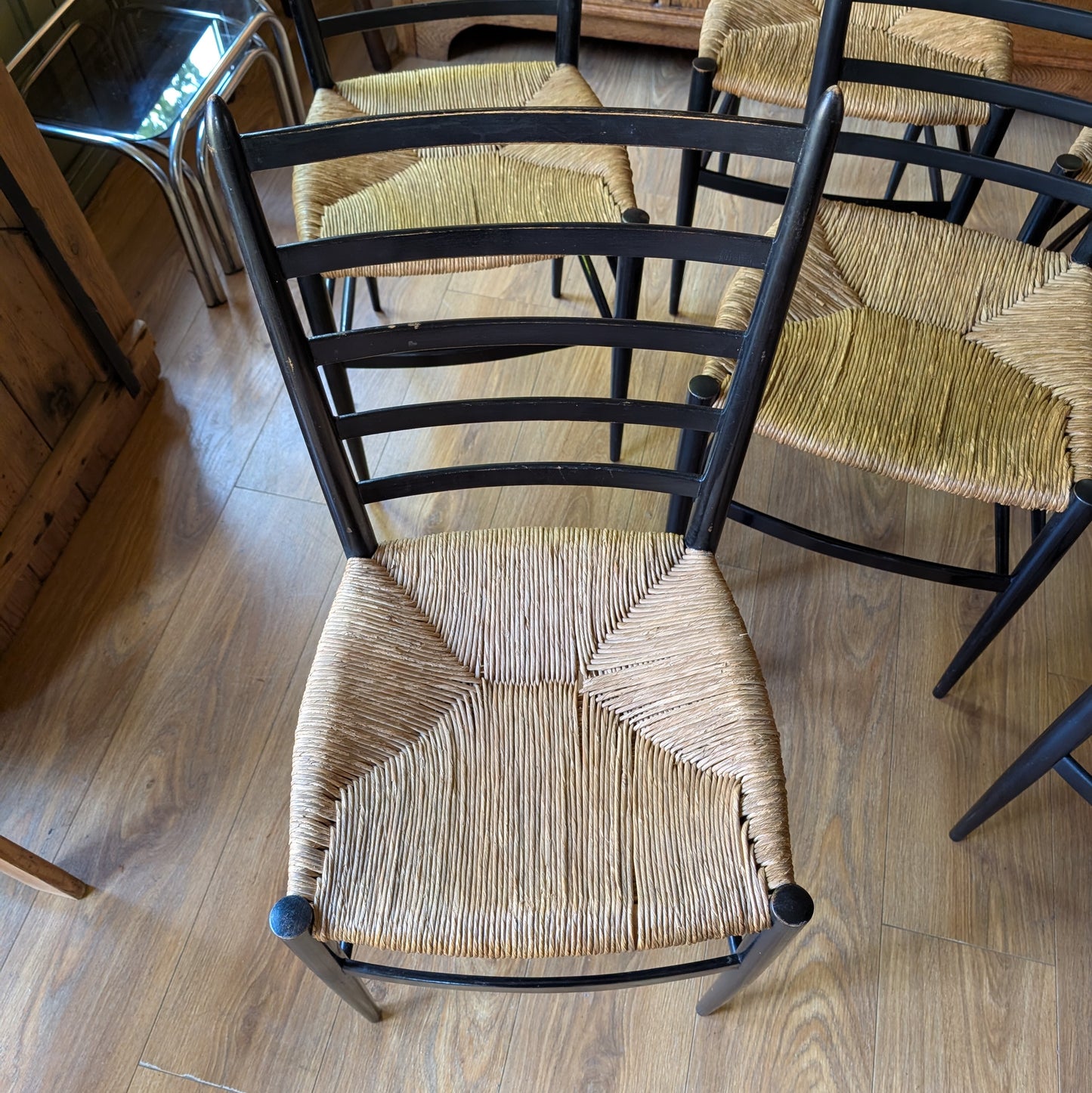 Set of 6 Italian Mid-Century Modern Ladder-Back Chairs with Rush Seats