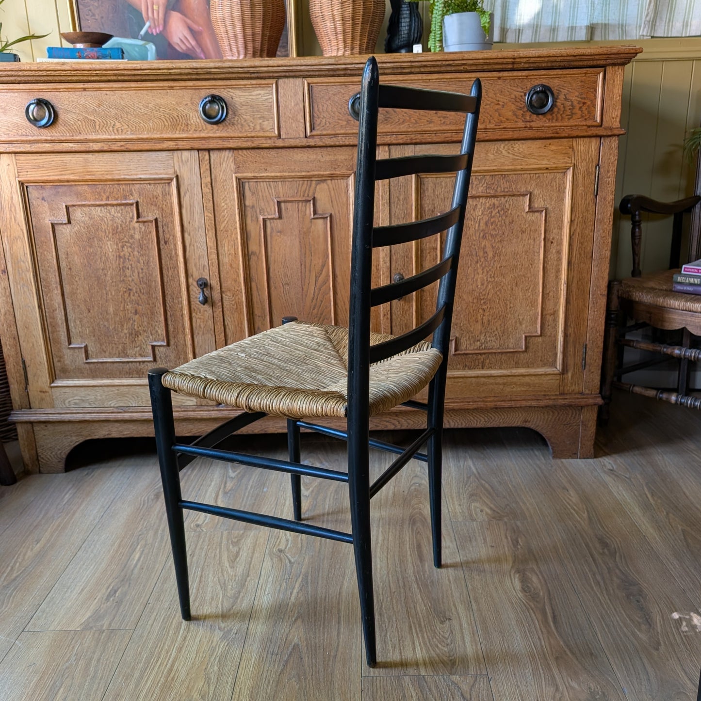 Set of 6 Italian Mid-Century Modern Ladder-Back Chairs with Rush Seats