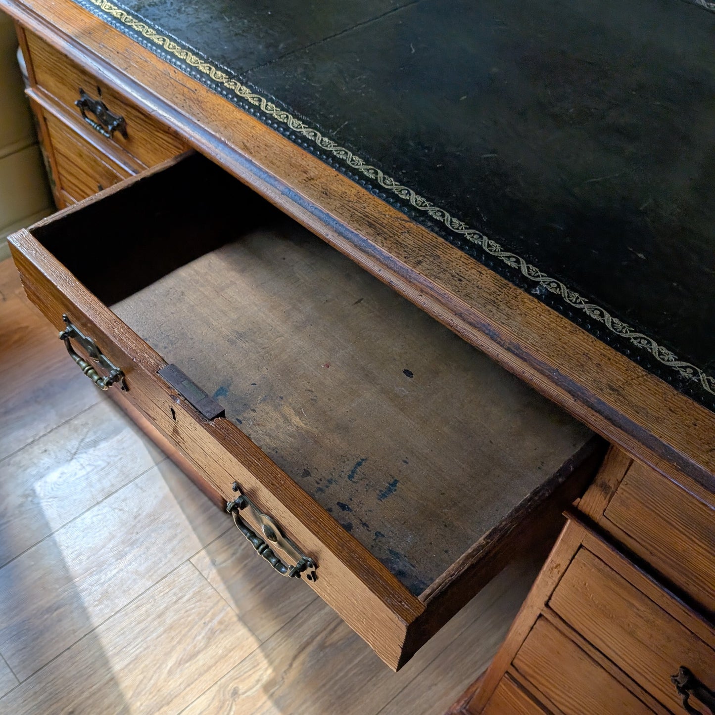 Antique Victorian Pitch Pine Twin Pedestal Desk with Leather Top