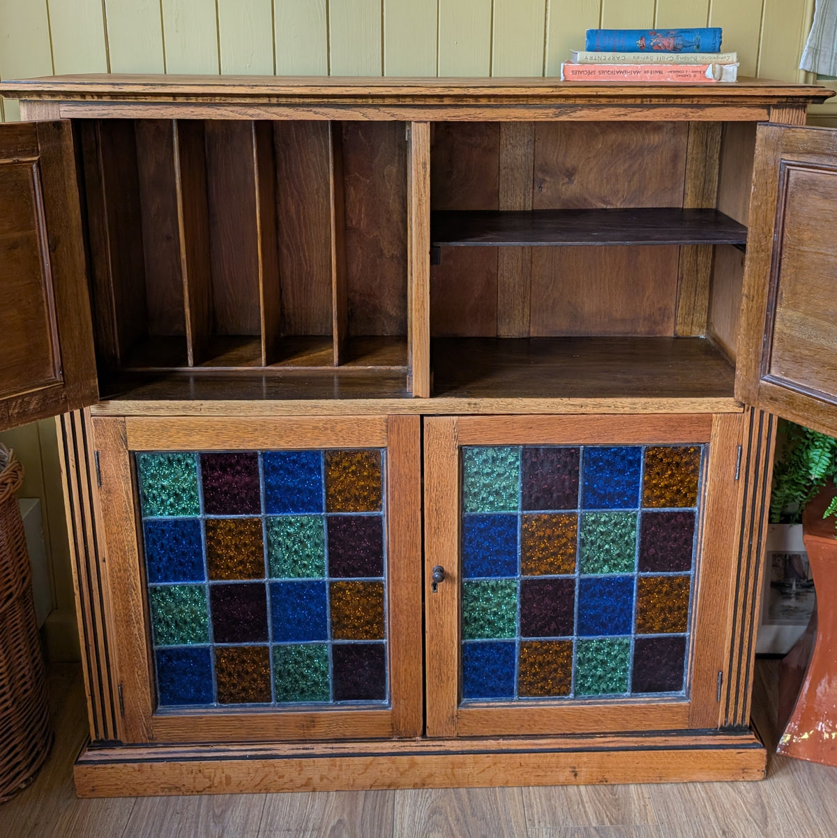 Vintage Oak Cup with Stained Glass Doors