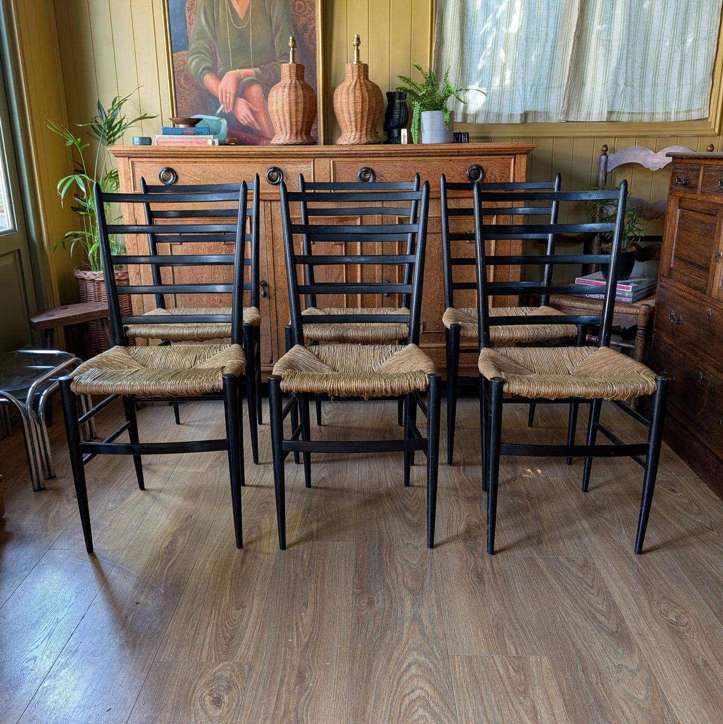 Set of 6 Italian Mid-Century Modern Ladder-Back Chairs with Rush Seats