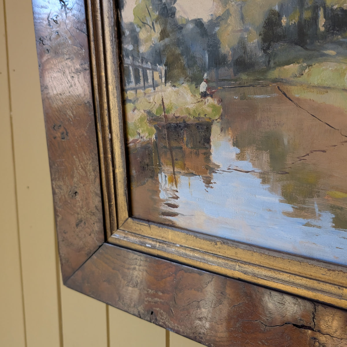 Antique Oil Painting "The Angler" by W Baucutt