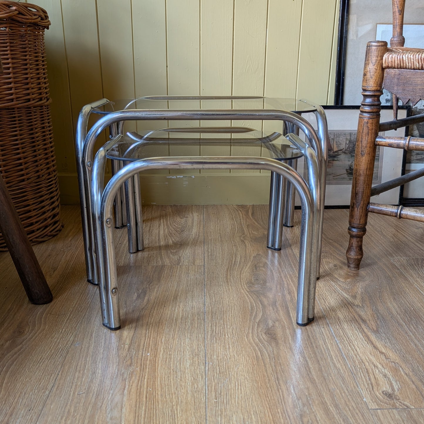 Mid Century Tubular Chrome and Glass Nesting Tables