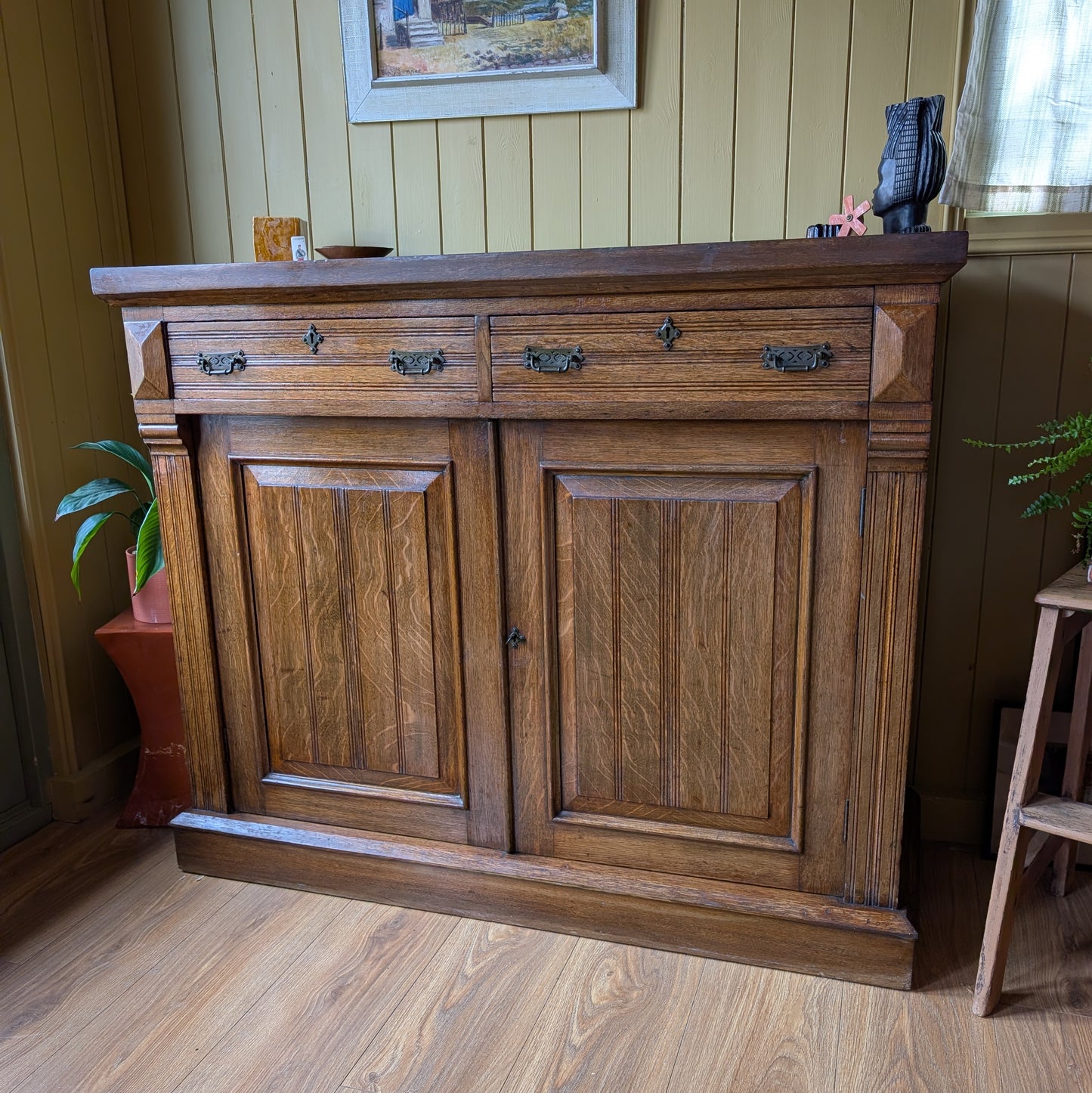 Large Antique Oak Cupboard with Two Drawers.
