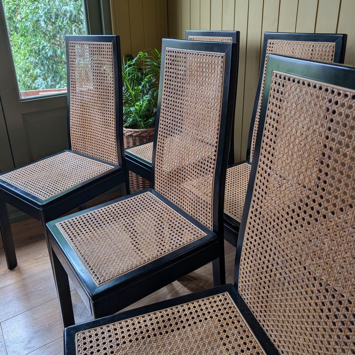 Tito Agnoli Style Vintage Black & Cane Dining Chairs - Set of 6