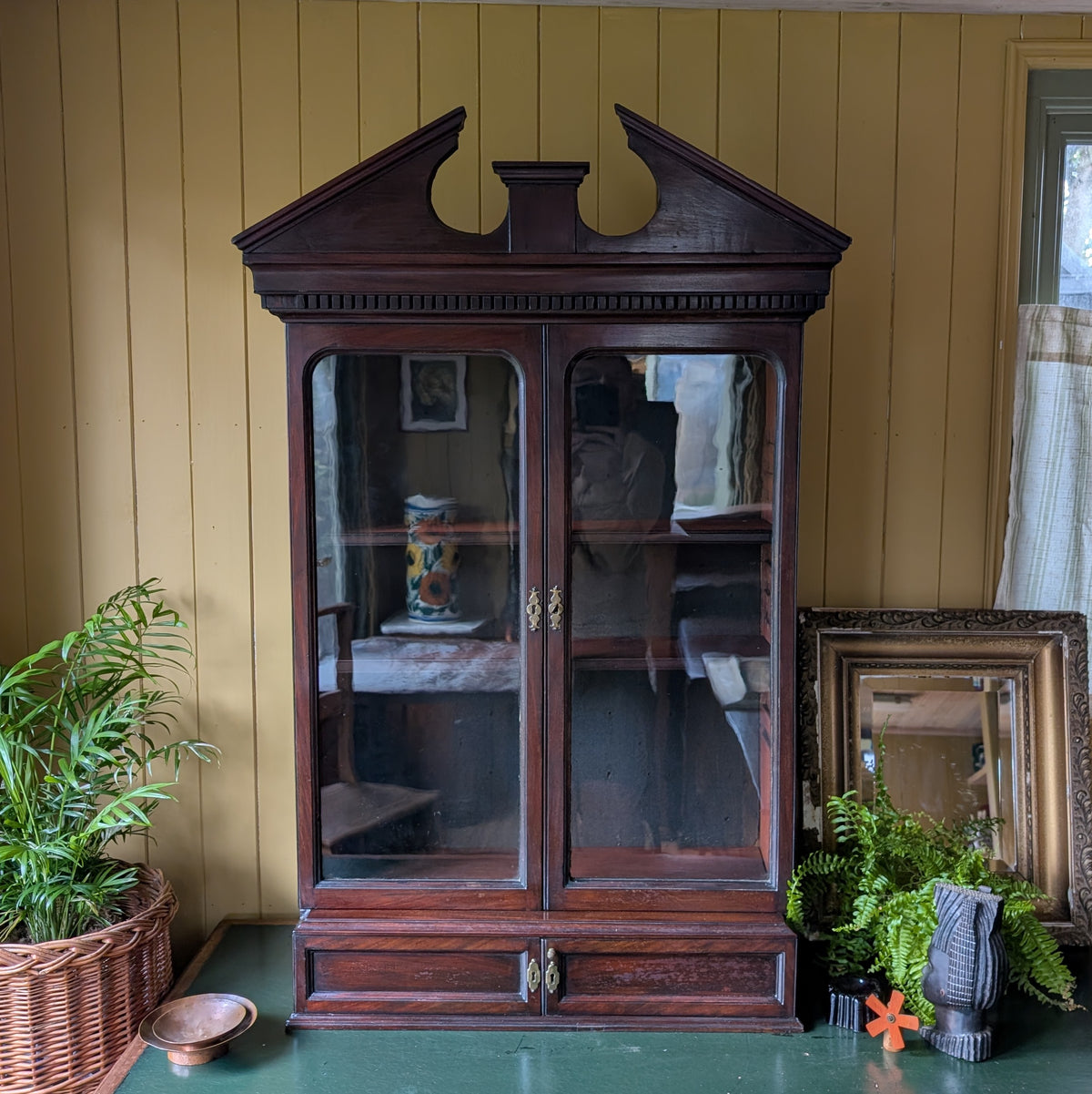 Antique Tabletop Glass Display Cabinet with 12 Miniature Drawers