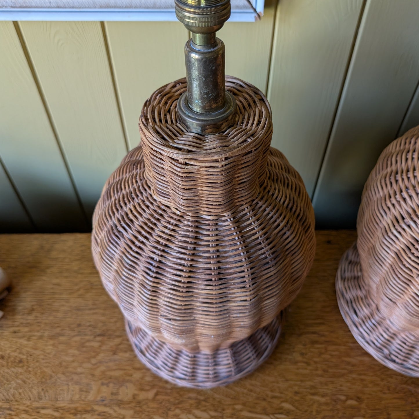 Pair of Large Vintage Woven Wicker Lamps