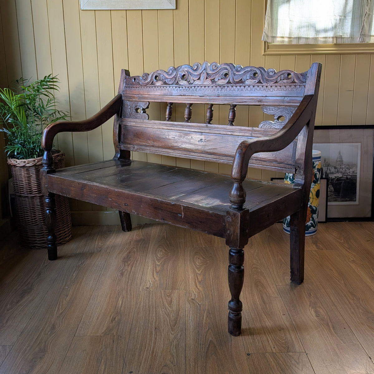 Vintage Carved Architectural Wooden Bench with Plank Seat