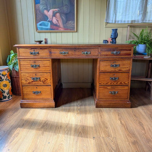 Antique Victorian Pitch Pine Twin Pedestal Desk with Leather Top