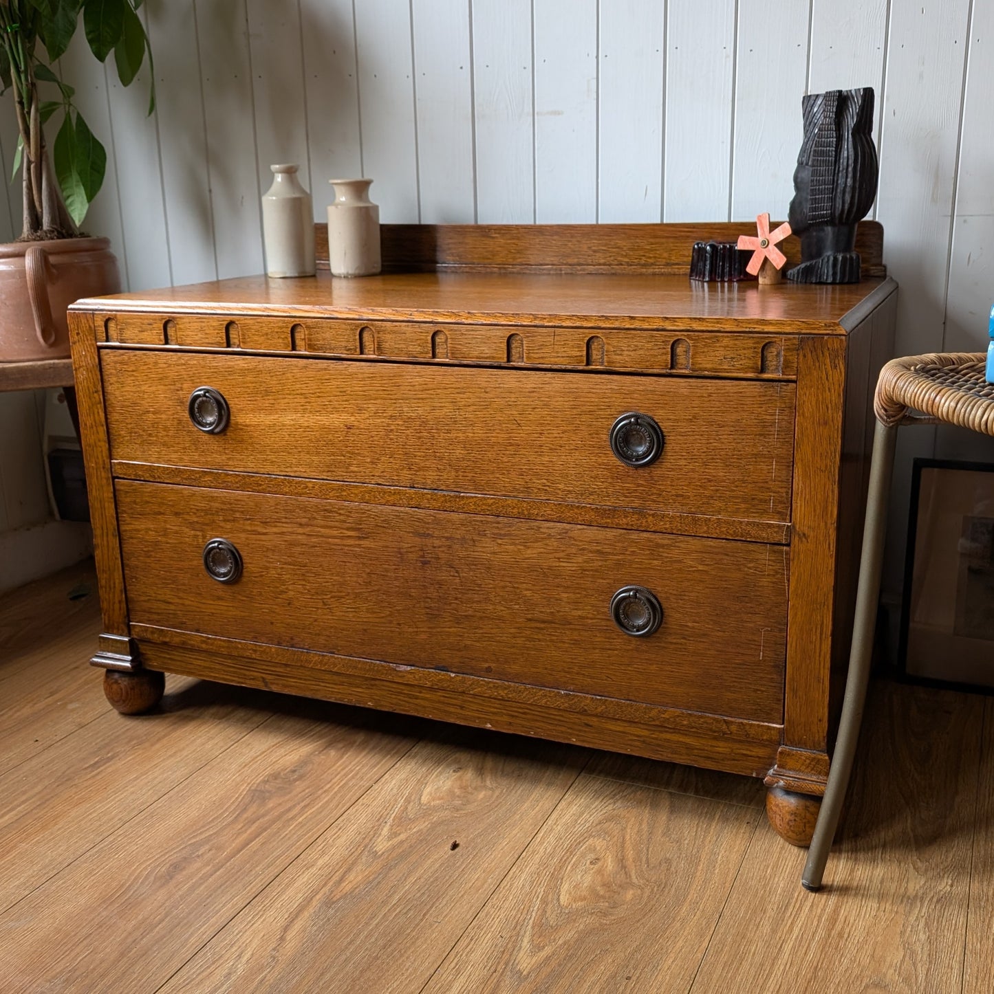 Small Low Antique Oak Chest of Drawers