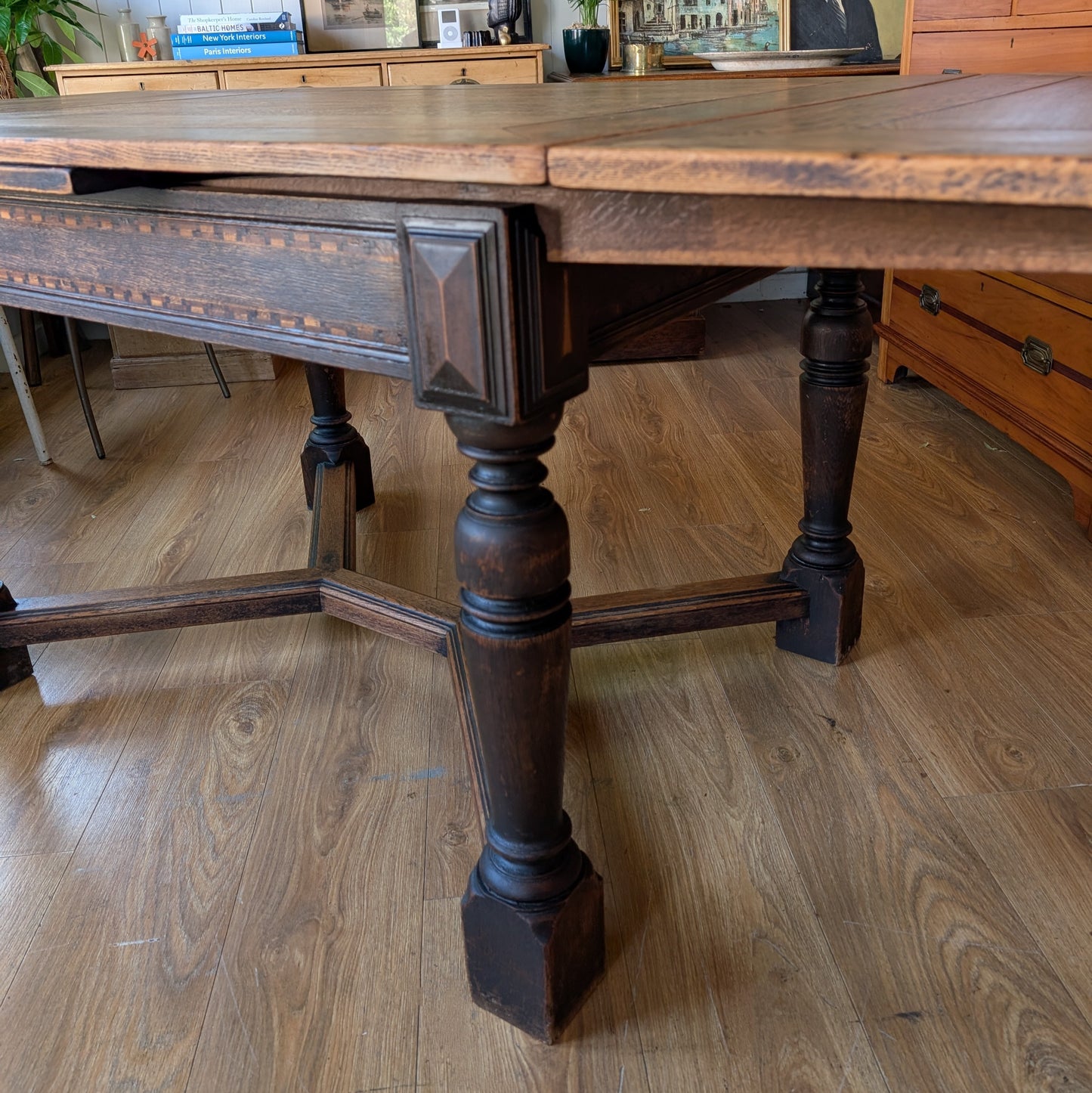 Large Antique Oak Draw Leaf Table