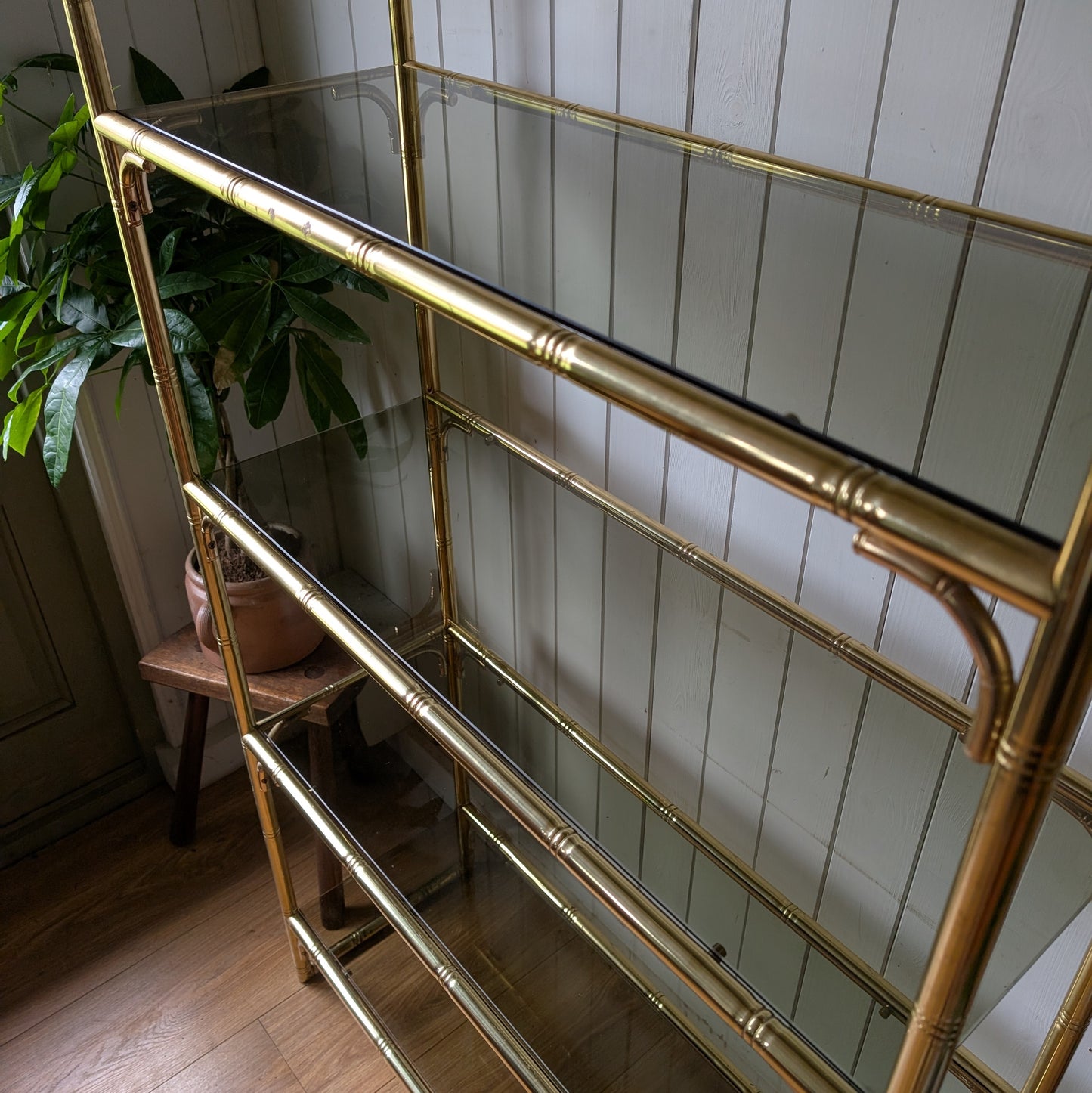 Italian Mid Century Faux Bamboo Brass Shelving Unit