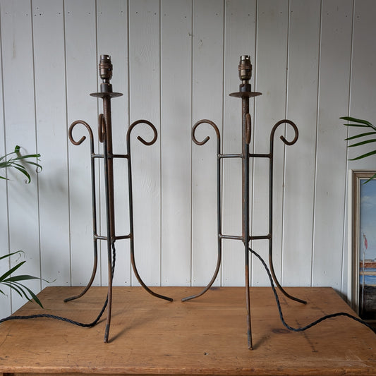 Pair of Large Antique Wrought Iron Lamps