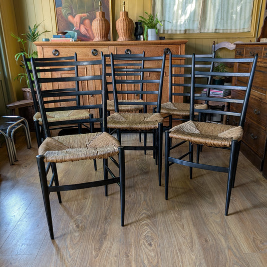 Set of 6 Italian Mid-Century Modern Ladder-Back Chairs with Rush Seats