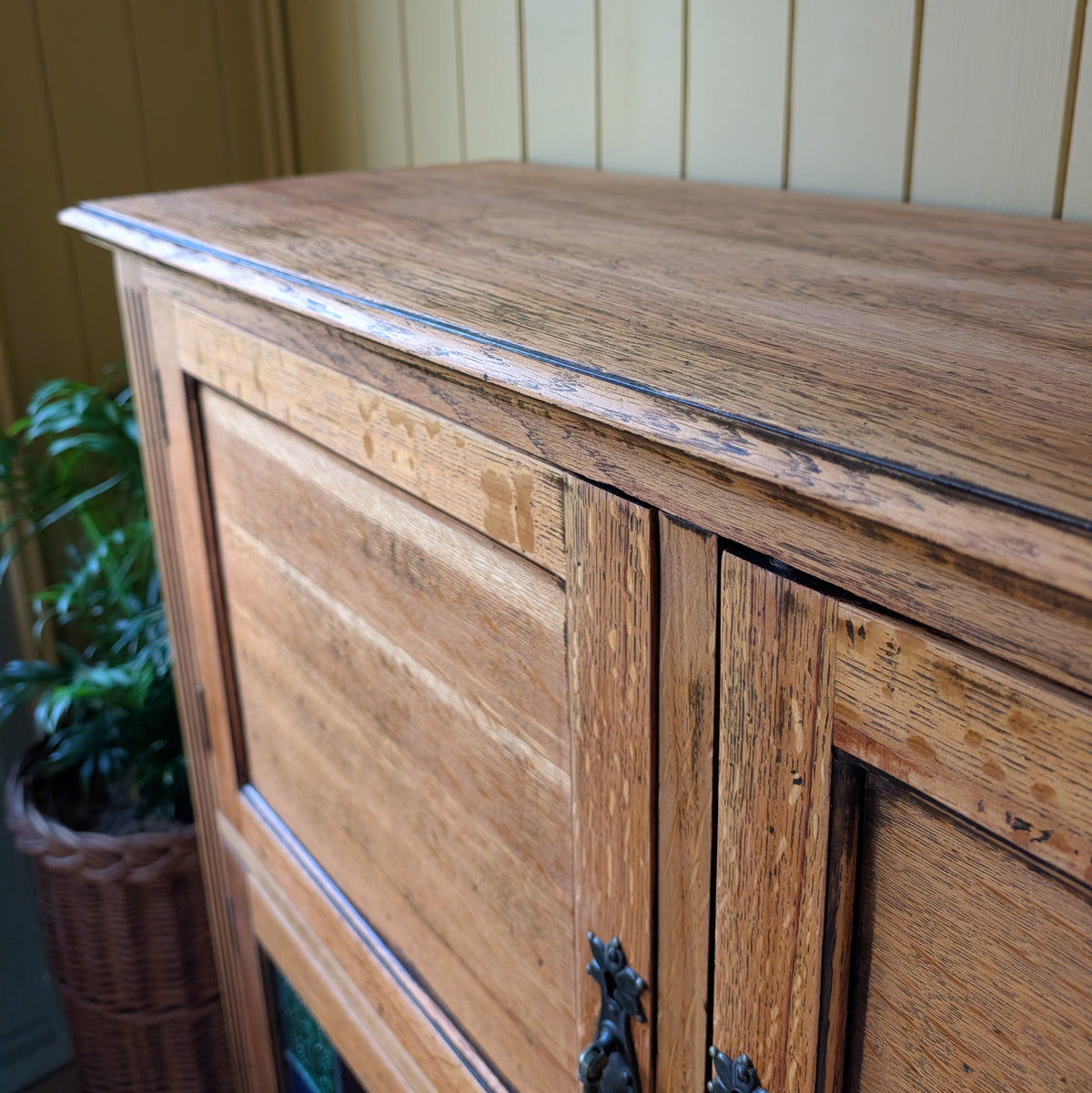 Vintage Oak Cup with Stained Glass Doors