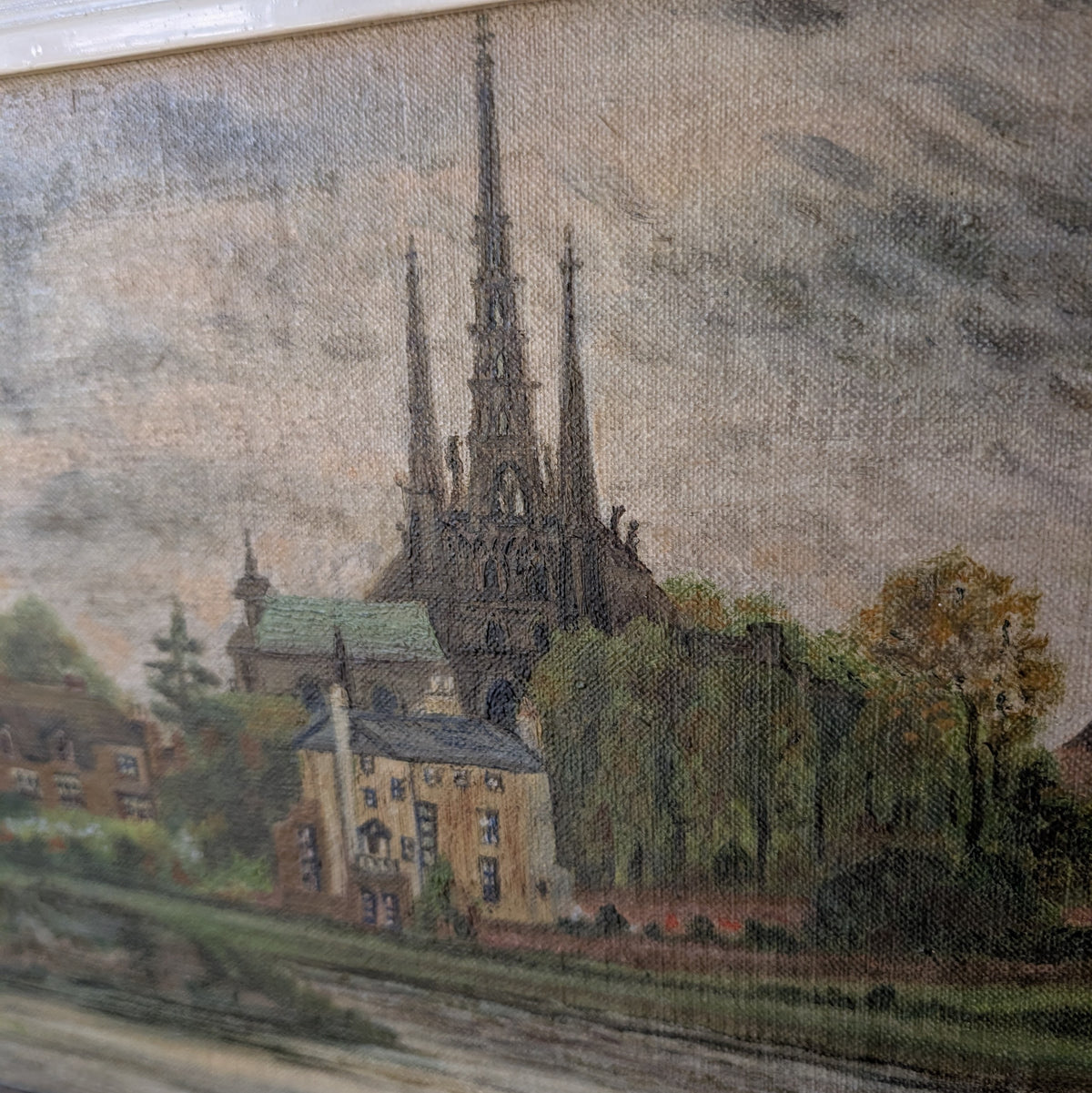 Small Vintage Oil Painting "Lichfield Cathedral Across Minster Pool"