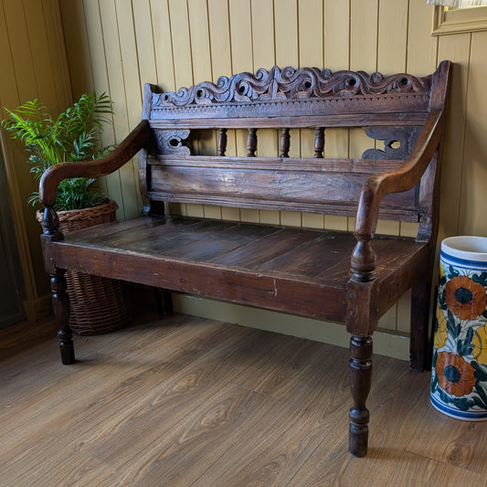Vintage Carved Architectural Wooden Bench with Plank Seat