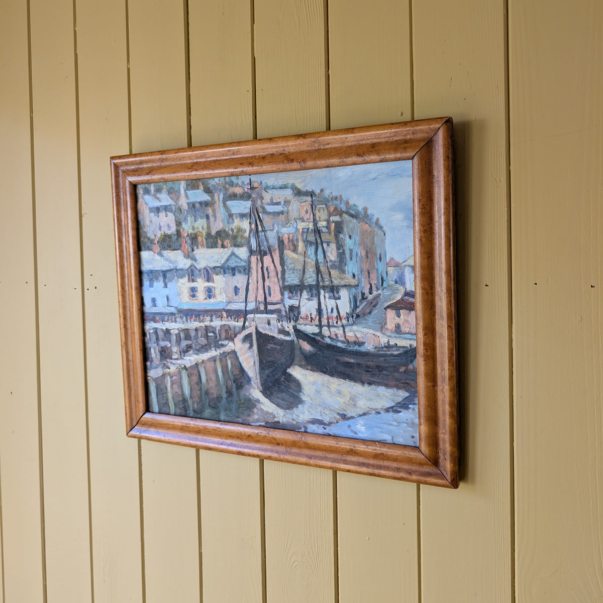 Small Mid Century Oil on Board "Boats at Low Tide"