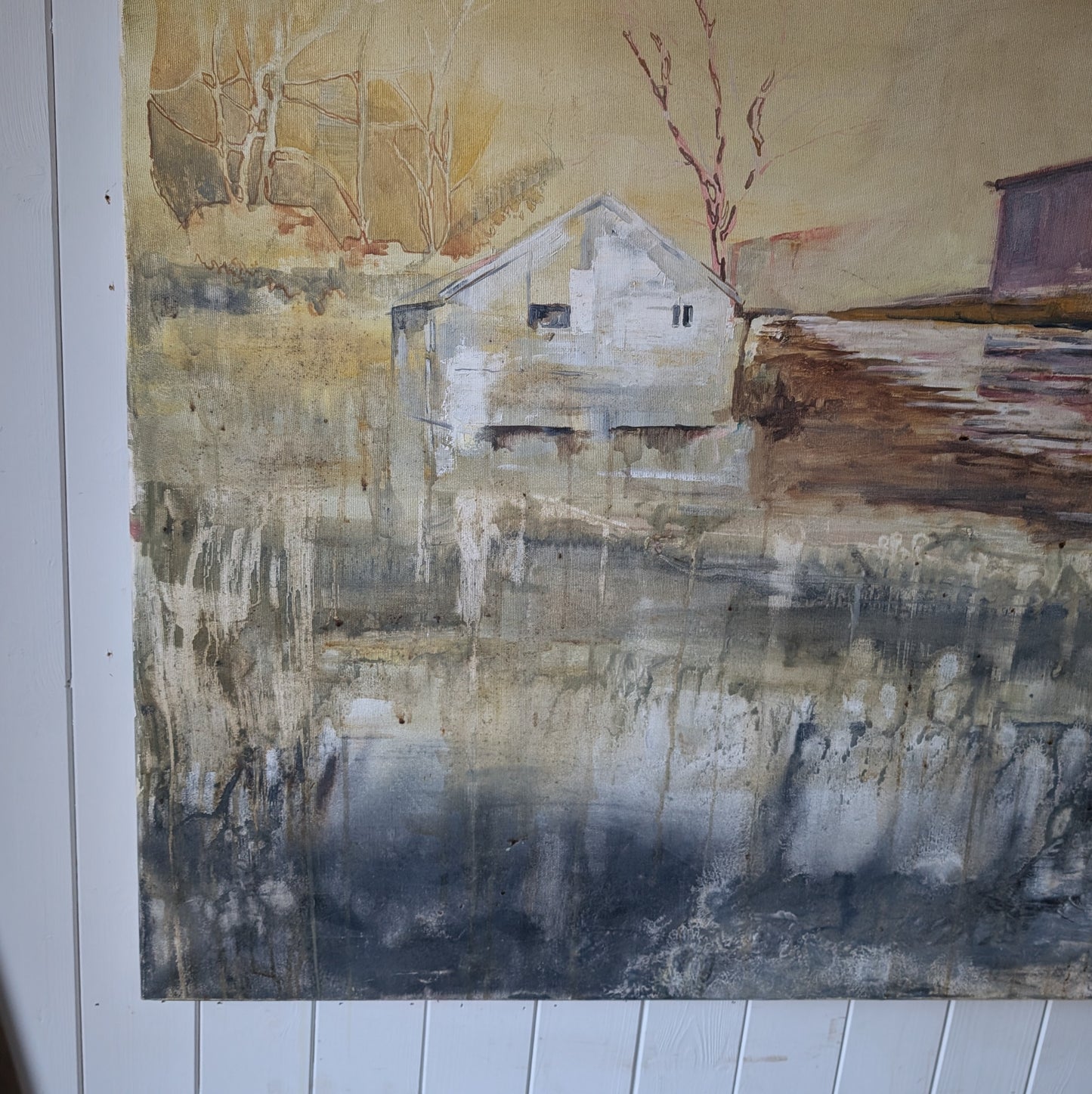 Large Vintage Oil Painting "River Barn"